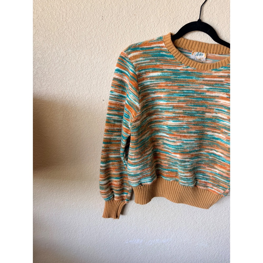 Vintage Fashion Womens Space Dye Knit XS Sweater Tan‎ Teal Crew Neck Ribbed Trim - Picture 3 of 11